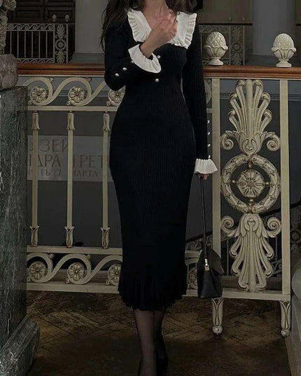 Elegant Vintage Ruffled Knit Maxi Dress - Long Sleeve Gown for Celebrations and Gatherings