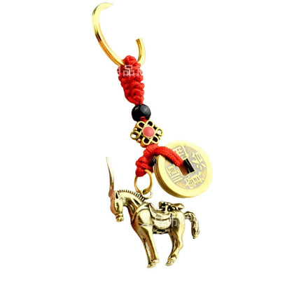 Antique Brass Lucky Cat Keychain with Feng Shui Coin & Five Emperors Charm