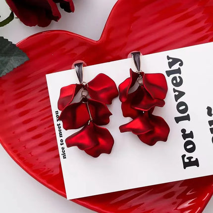 Honeypotson SU-SU Rose Petal Long Earrings - Elegant Red Design