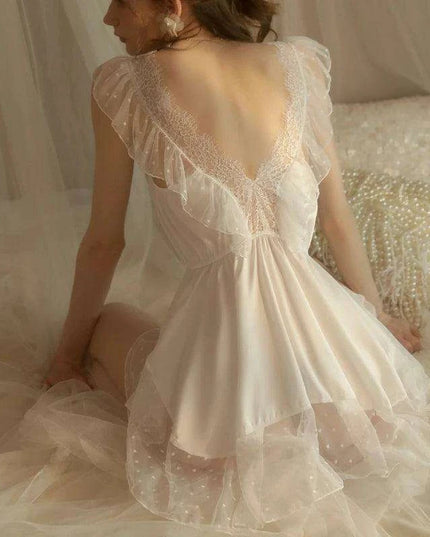 Elegant French Lace Chemise Nightgown for Women - Soft V-neck Sleepwear