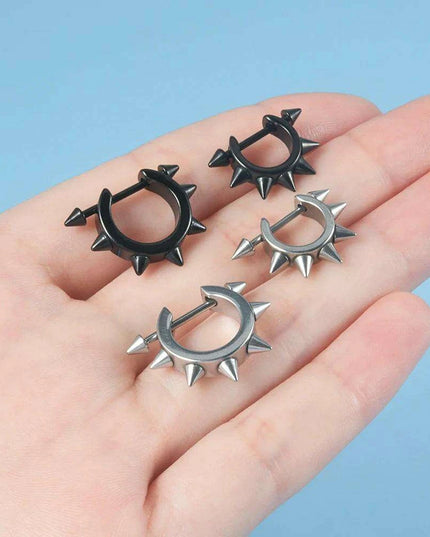 Men's Silver/Black Stainless Steel Spike Hoop Earring - Edgy Cartilage Jewelry for Tragus, Helix, and Daith Piercings