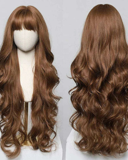 30-Inch Brown Wavy Synthetic Wig with Bangs - Perfect for Parties and Themed Events