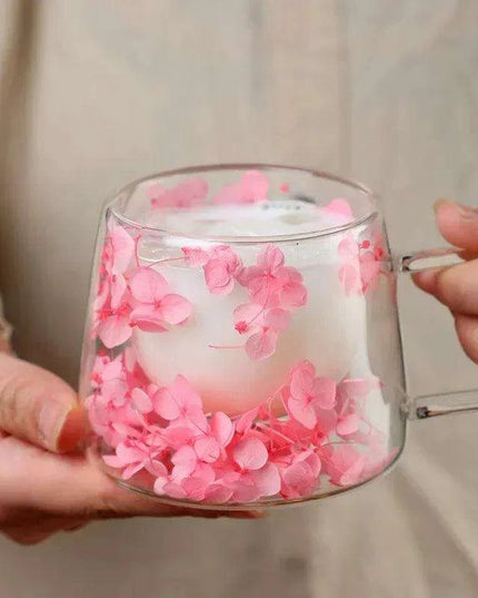 Insulated Double Wall Glass Cup with Dried Flowers - Creative Tea, Coffee, and Milk Mug with Handle