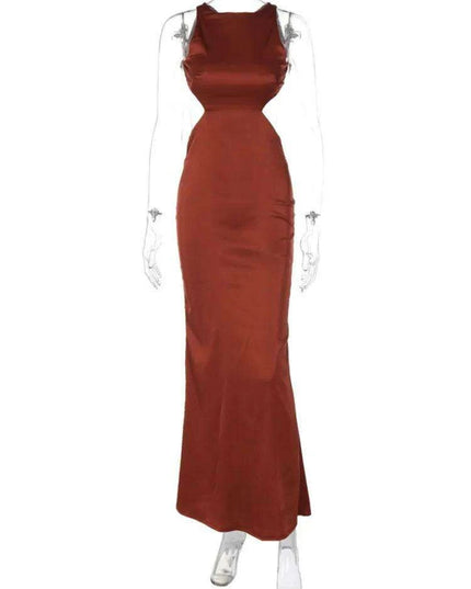 Satin Backless Bodycon Sexy Maxi Dress Women High Elastic Satin O Neck Sleeveless