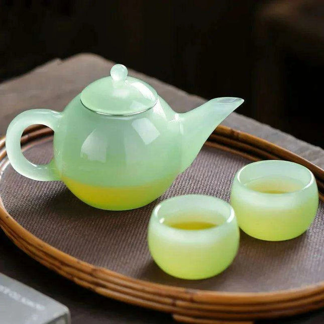 Elegant Green Jade Porcelain Tea Set with Glass Teapot - Perfect for Tea Lovers and Gatherings