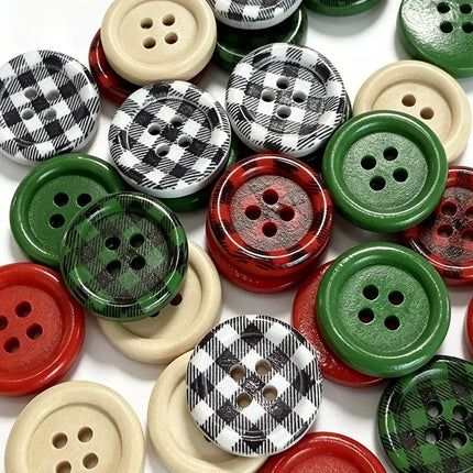 Round Wooden Sewing Buttons with Plaid Designs, 20 mm, 4 Holes