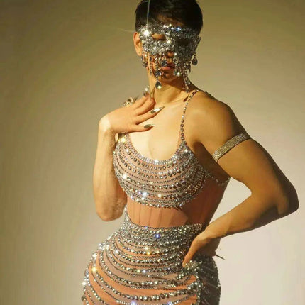 Radiant Sheer Crystal-Embellished Mini Dress for Women - Perfect Evening Wear for Celebrations and Parties