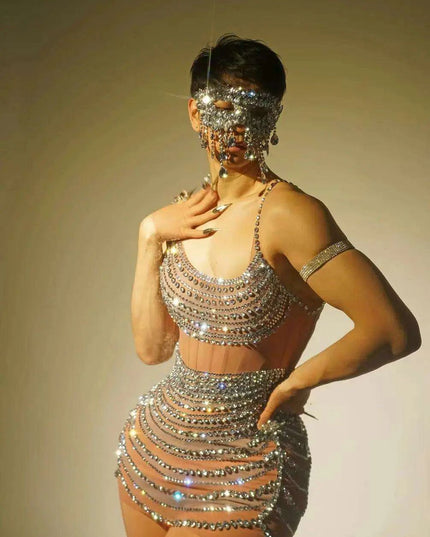 Radiant Sheer Crystal-Embellished Mini Dress for Women - Perfect Evening Wear for Celebrations and Parties