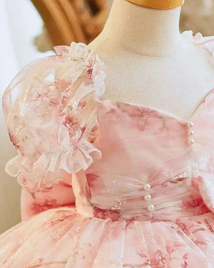 Charming Bow-Print Puff Sleeve Evening Dress for Girls