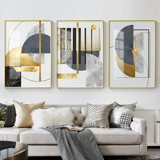 Golden Abstract Geometric Art Canvas Print with Gold Foil Accents for Elegant Home Decor