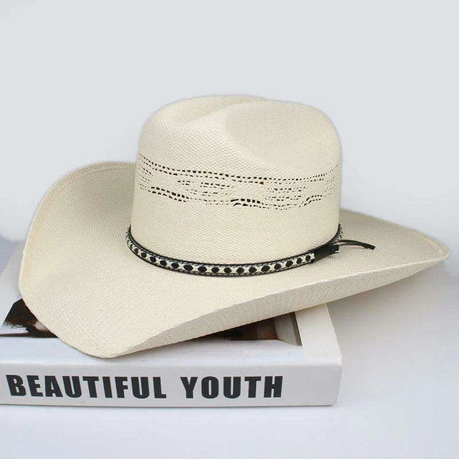 Unisex Western Style Wide Brim Straw Sun Hat for Beach Adventures - Adjustable 55-61cm