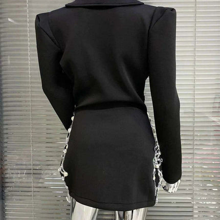 Midnight Elegance: Black Crystal Pearl Mini Dress with Chic Suit Collar