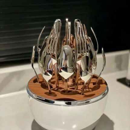 Sophisticated 24-Piece Stainless Steel Dining Collection with Unique Egg-Shaped Cutlery