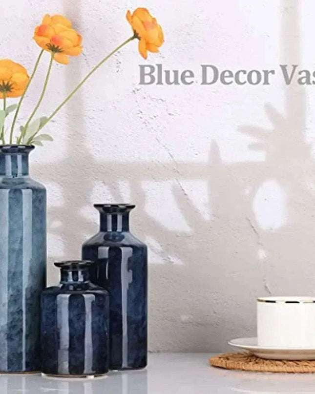 Elegant Blue Ceramic Vases Trio for Stylish Home Enhancement