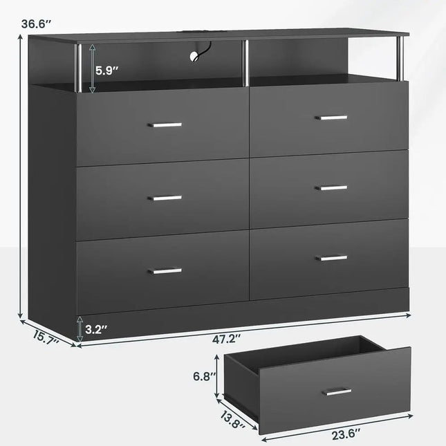Black Bedroom Dresser with 6 Drawers | RGB LED Lights & Charging Station | Column Design