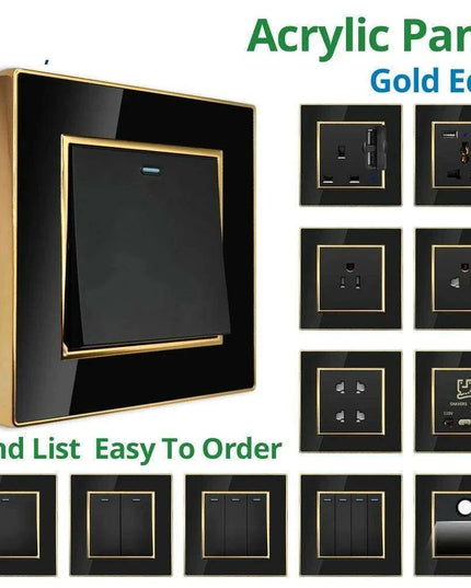 Luxurious Black Acrylic Switch Panel with Gold Accents & Universal Sockets - 220V, Multi-Gang, Modern Design - Illuminated Control Panel with USB Charging Feature