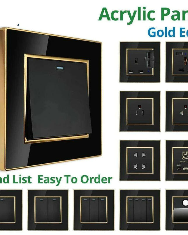 Luxurious Black Acrylic Switch Panel with Gold Accents & Universal Sockets - 220V, Multi-Gang, Modern Design - Illuminated Control Panel with USB Charging Feature