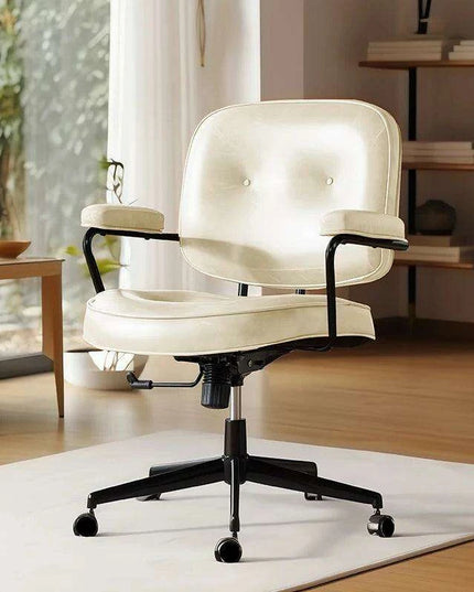 Elegant White Leather Rolling Desk Chair with Swivel Motion
