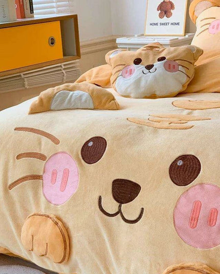 Adorable Cartoon Tiger Plush Kids Bedding Set - Cozy Winter Duvet Cover, Fleece Bed Sheet & Pillowcases