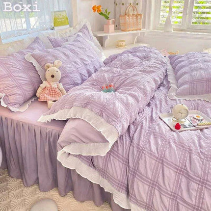 Elegant Ruffled Cotton Seersucker Bedding Set for Women - Solid Color Comforter Cover with Coordinating Bed Skirt, Available in King and Queen Sizes