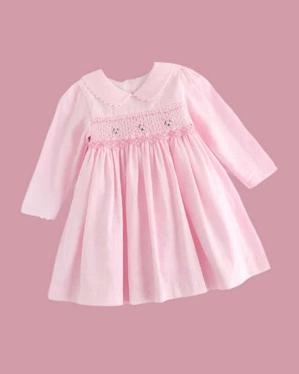 Girls' Enchanting Vintage Rose Long Sleeve Smocked Dress - Ideal for Fall Gatherings and New Year Celebrations 2024