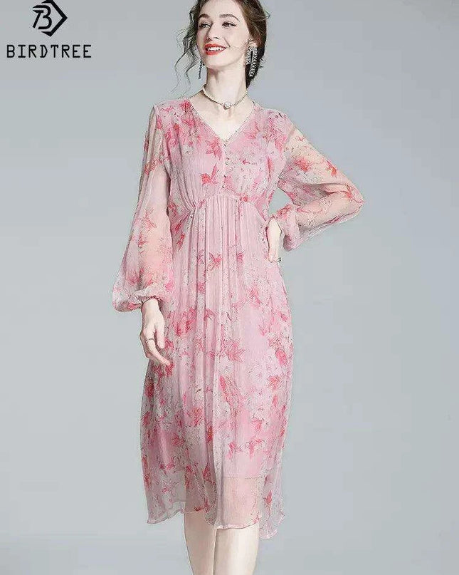 Chic V-Neck Puff Sleeve Mulberry Silk Dress with French Floral Print
