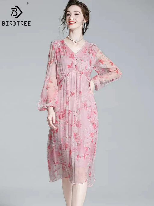 French Floral Mulberry Silk Dress with V-Neck and Puff Sleeves