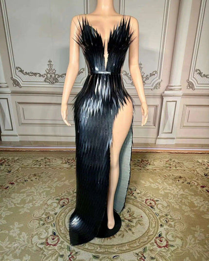 Stunning Silver Sequin Mermaid Gown with Deep V Neck and High Side Slit for Glamorous Nights