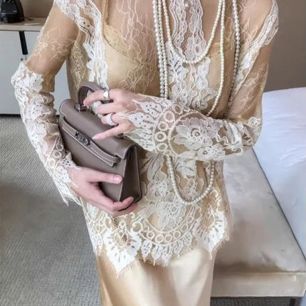 Elegant Long Sleeve Lace Top – Hollow-Out, Round Neck, Apricot