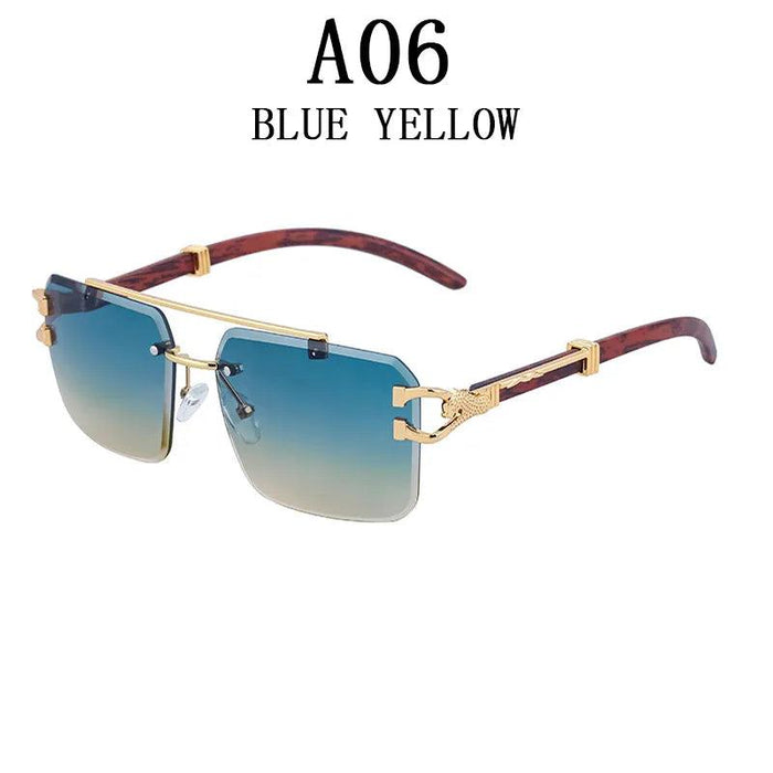 Retro Wood Grain Square Rimless Sunglasses with UV Protection