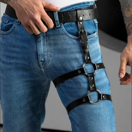 Men's Leather Punk Leg Harness — Caged Thigh Garter, Rave & Gothic