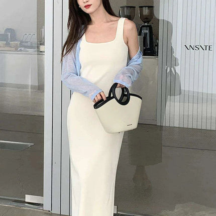 Elegant Midi Dress with Square Neck - Stylish Viscose Stretch