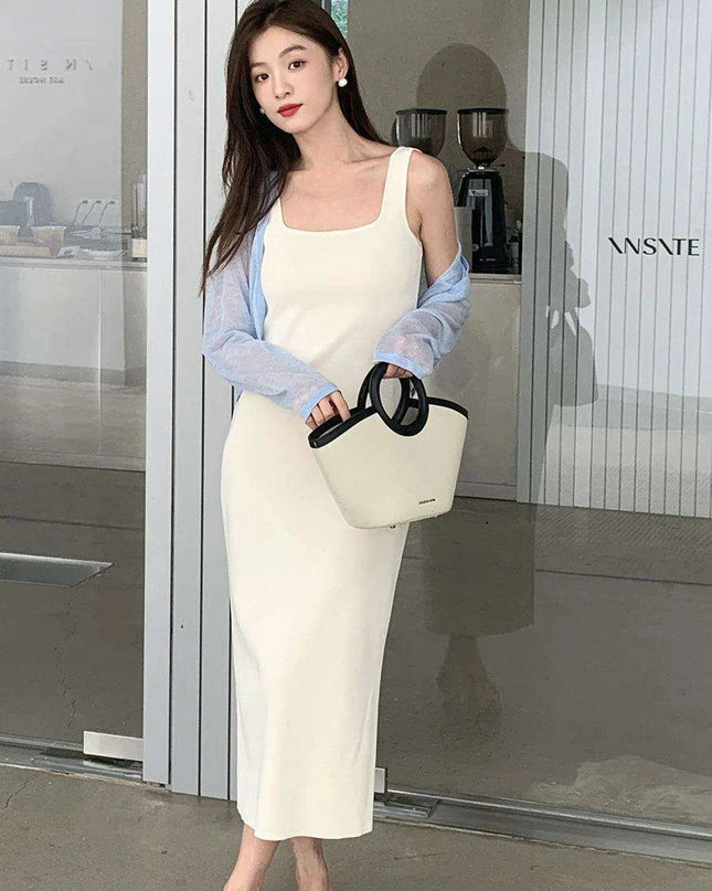 Elegant Midi Dress with Square Neck - Stylish Viscose Stretch