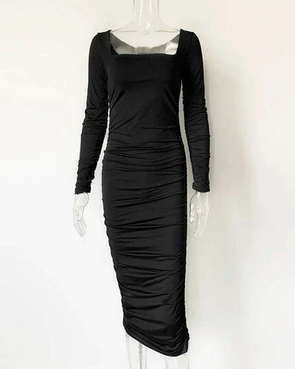Elegant Long Sleeve Black Midi Dress with Ruched Detailing - The Ultimate Women’s Wardrobe Staple