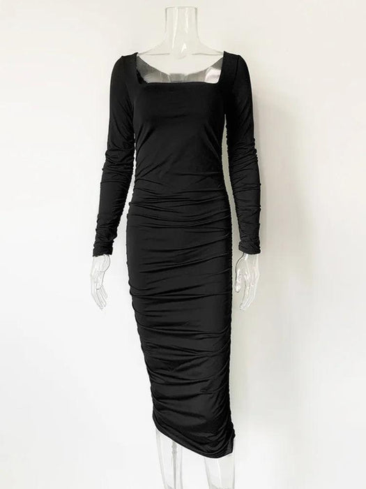 Elegant Long Sleeve Black Midi Dress with Ruched Detailing - The Ultimate Women’s Wardrobe Staple