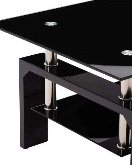 Modern Elegance Black Glass Coffee Table with Metal Framework and Additional Storage