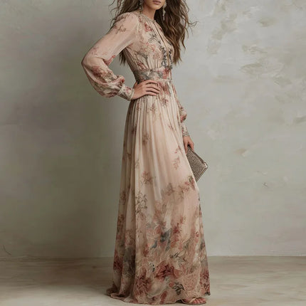 Vintage Floral Pleated Long Dress — High Waist, Long Sleeve, O-Neck