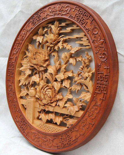 Exquisite Handcrafted Chinese Peony Wood Pendant