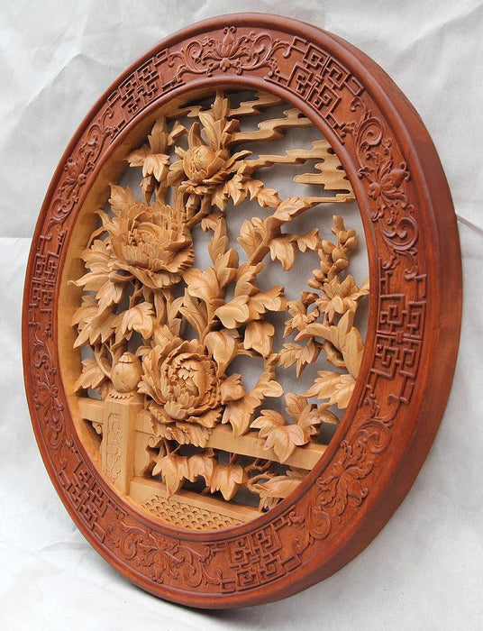 Exquisite Handcrafted Chinese Peony Wood Pendant