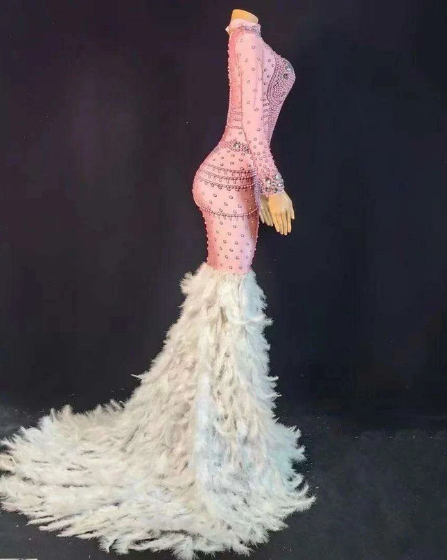 Chic Pink Trumpet Dress with Feather Details for Women Performers