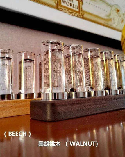 Retro RGB Nixie Tube Clock with Stylish Wooden Base - LED Alarm Timepiece for Unique Desktop Decor and Gifting