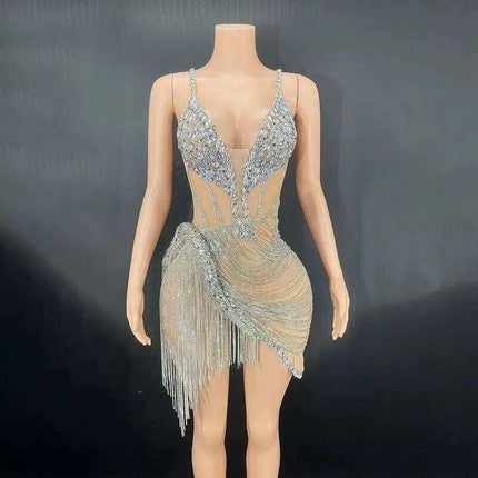 Sparkling Black Rhinestone Mini Dress with Playful Fringe