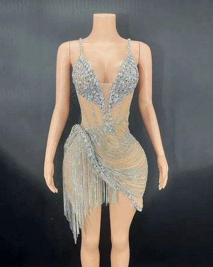 Sparkling Black Rhinestone Mini Dress with Playful Fringe