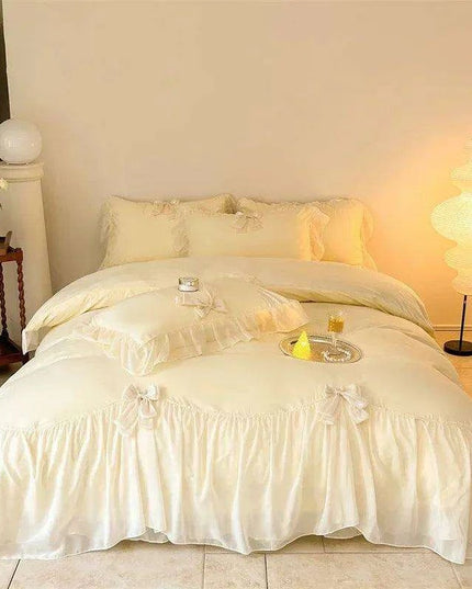 Elegant French Lace Ruffled Duvet Cover Set - Luxurious Bedding Ensemble with Bow Accents, Soft Sheets and Pillowcases