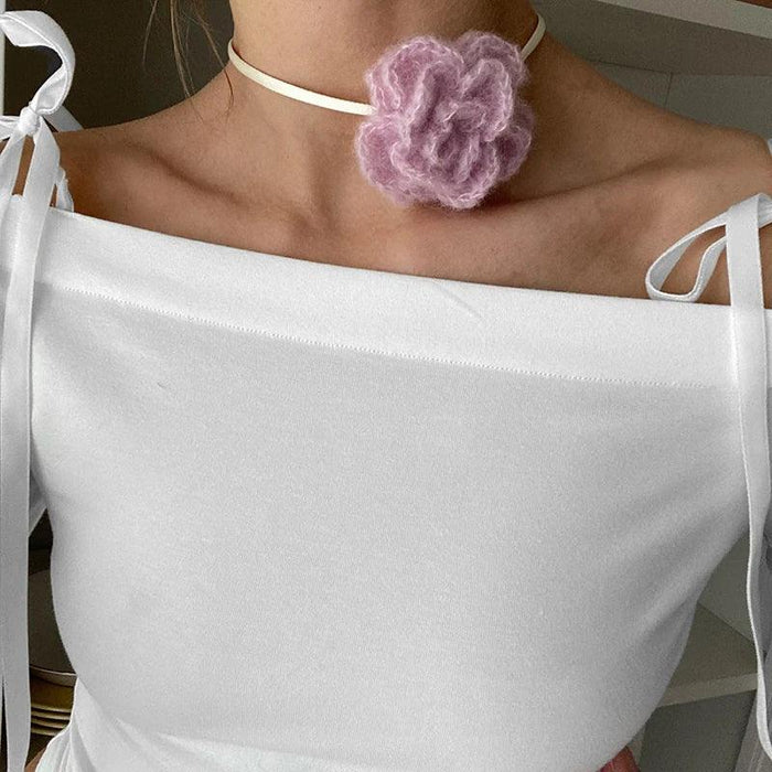 Sophisticated White Off-Shoulder Long Sleeve Crop Tops