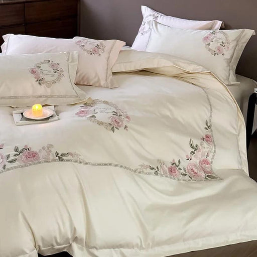 Luxurious 1000TC Egyptian Cotton Floral Embroidered Bedding Set - Cream, Pink, and Green Duvet Cover, Sheet, and Pillowcases