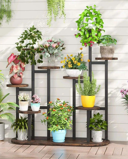 11-Pot Wooden Plant Stand Shelf - Vertical Space Maximizing Flower Organizer