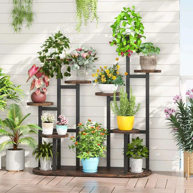 11-Pot Wooden Plant Stand Shelf - Vertical Space Maximizing Flower Organizer