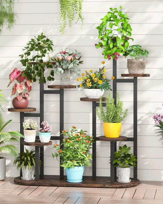 11-Pot Wooden Plant Stand Shelf - Vertical Space Maximizing Flower Organizer
