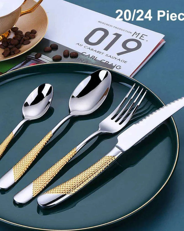 Luxurious Gold-Plated Stainless Steel Flatware Collection - Available in 8 to 24 Piece Sets for Elegant Dining Experiences